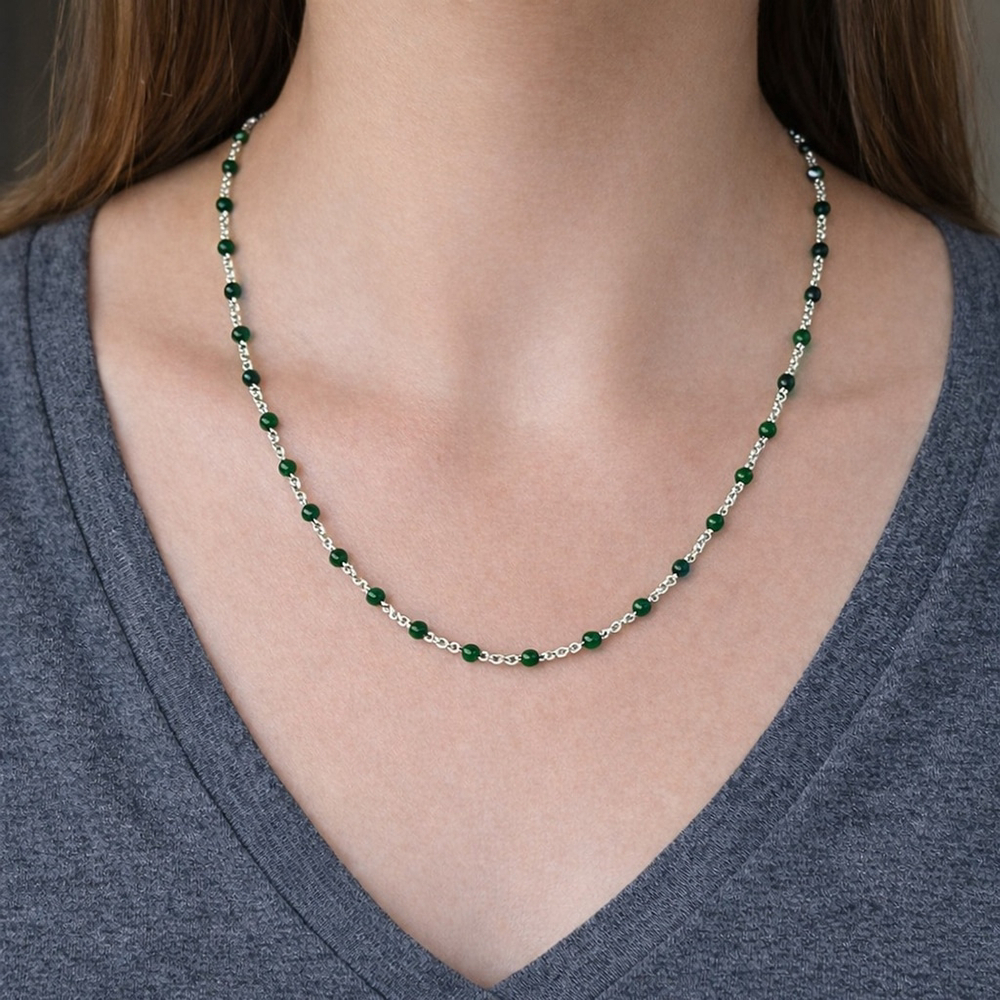 Necklace - 18” Stainless Steel Silver tone Necklace with Green Bead Accents - Picture 4 of 5